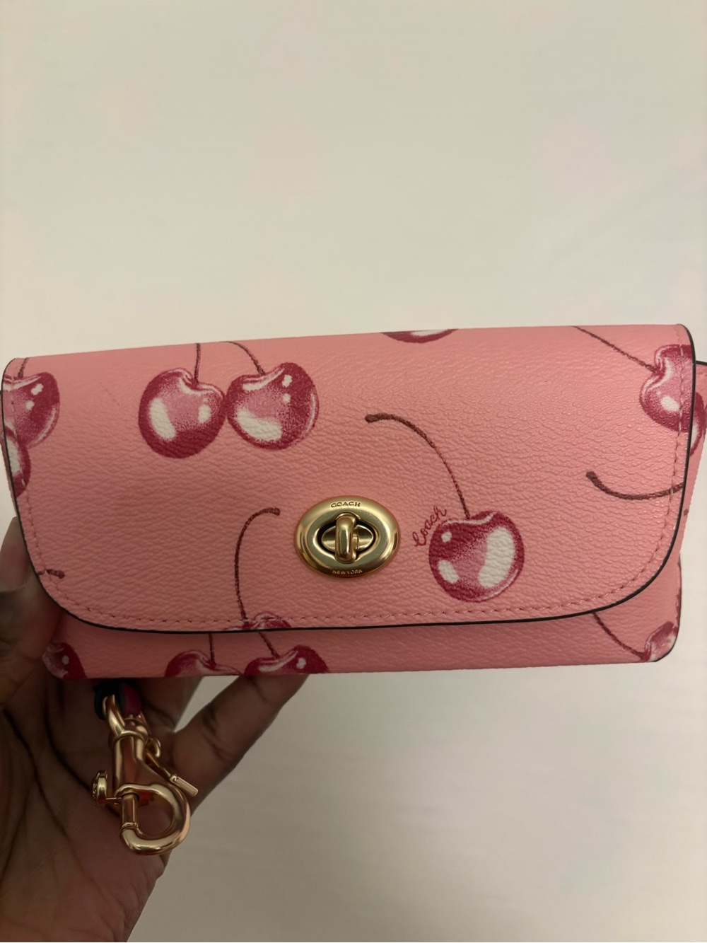 Coach Pink Cherry Turnlock Wristlet Wallet with Gold Hardware
